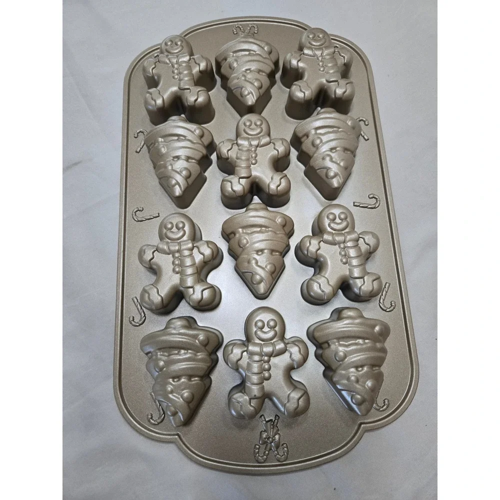 Nordic Ware Holiday Gingerbread Man and Christmas Tree Cakelet Pan Gold 12 Cup